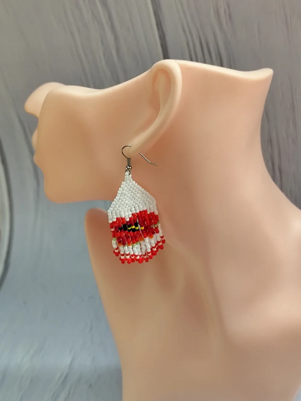 White & Red Beaded Floral Dangle Earrings